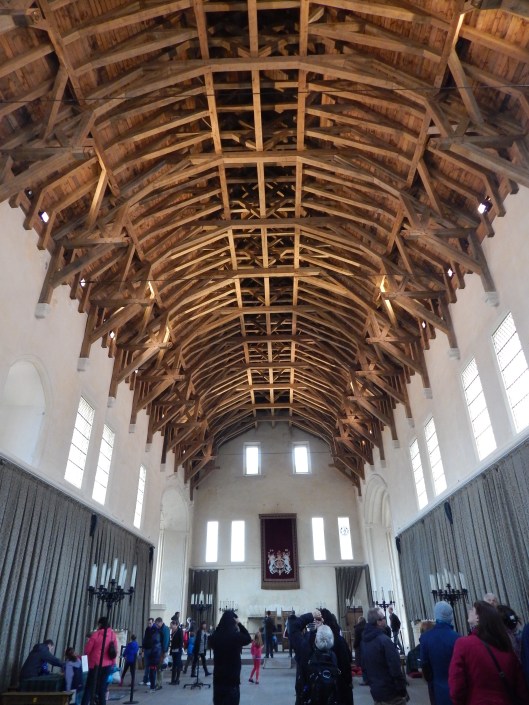 Interior of Great Hall.  Wooden Hammer truss roof restored early 21st century