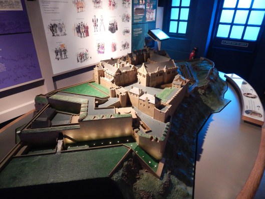 Model showing layout of castle.  (Front to back) Outer defences, Frontworks, Outer Close, Royal Palace (L), Great Hall (R), Inner Close, King's Old Building (L) and Chapel (R).